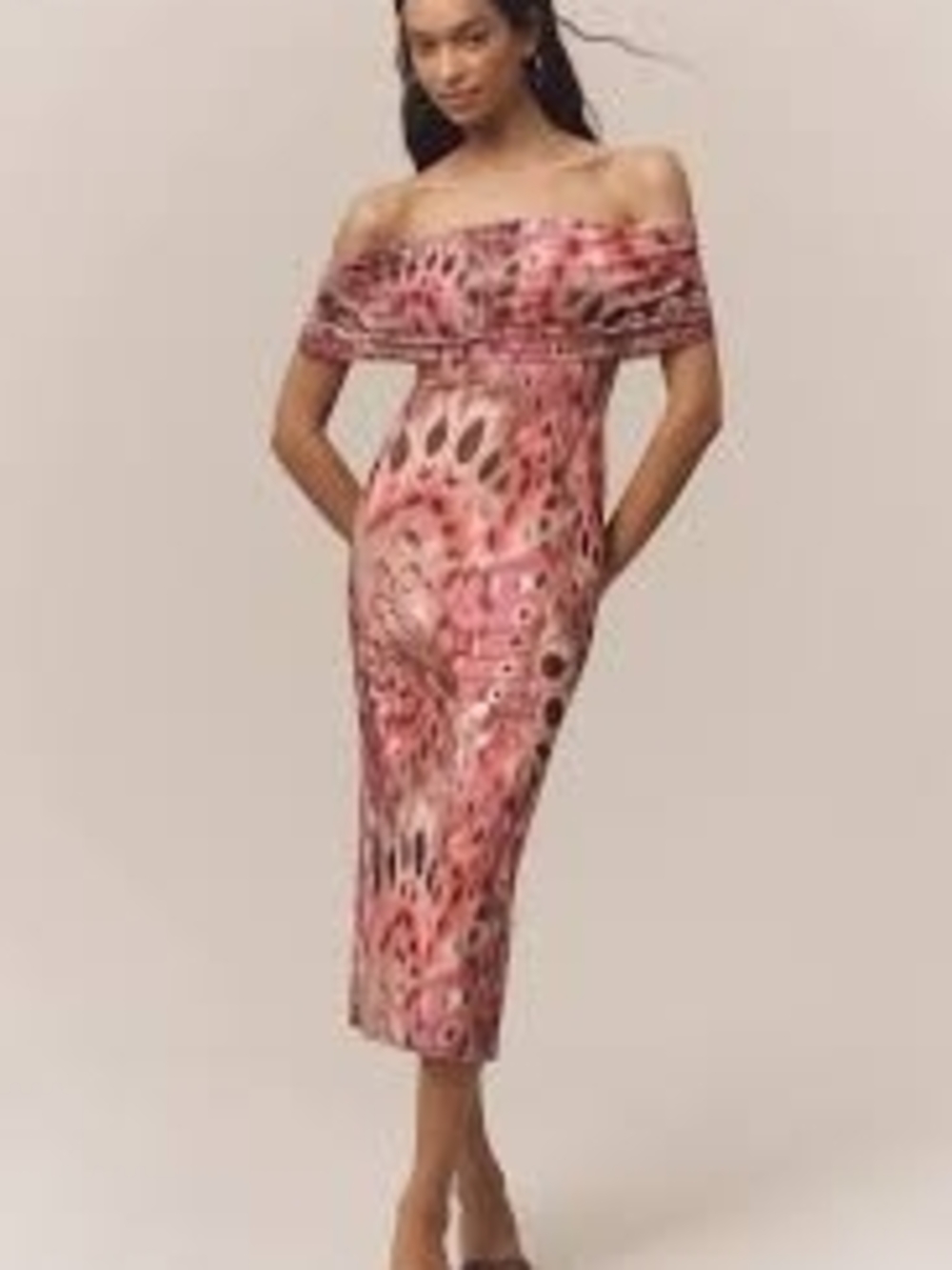 Anthropologie AFRM Zamora Pink Pattern Off-The-Shoulder Mesh Midi Dress
